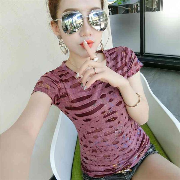 

fashion hole print tshirt new spring summer o-neck high street women short sleeve slim t shirts outside t93506 210401, White