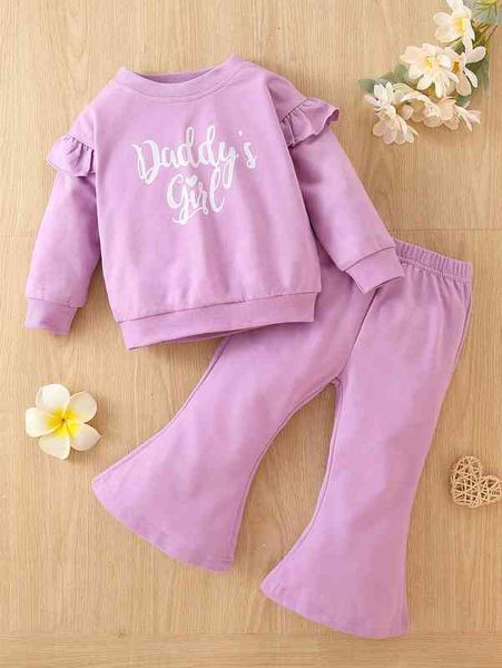 

baby letter graphic ruffle trim pullover & flare leg pants she, White