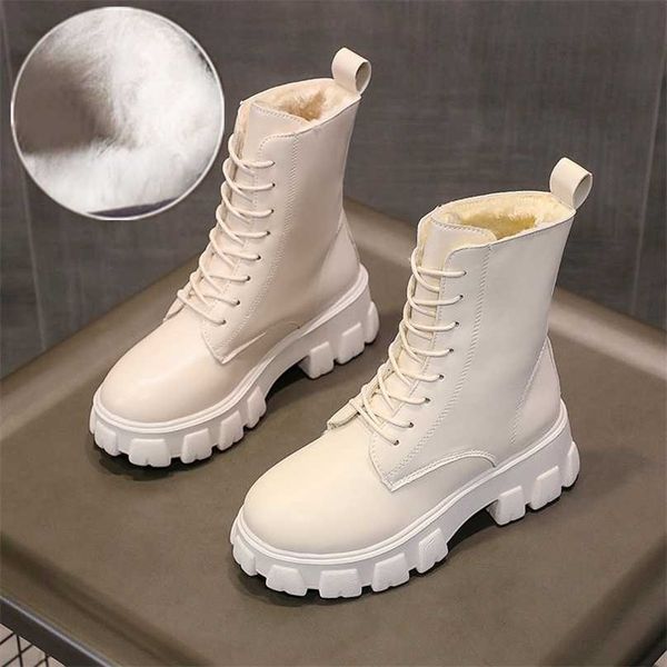 

chunky platform ankle boots for women autumn winter warm plush pu leather botas mujer thick sole lace up shoes woman 211105, Black