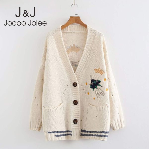 

jocoo jolee women embroidery cardigans casual cartoon print poncho long sleeve button knitted sweater harajuku outwear 210518, White