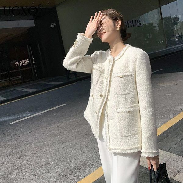 

women's wool & blends ucxq woman tweed jacket white solid tassel pockets o collar long sleeve loose french ladies vintage style 2021 au, Black