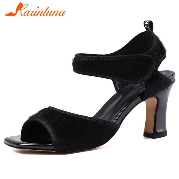 

female summer sandals casual women genuine leather ankle strap high heels hook loop party shoes woman, Black