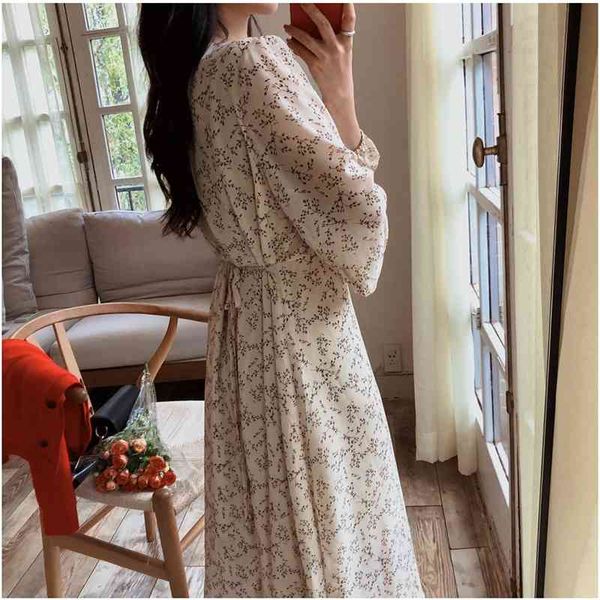 

casual dresses vintage v-neck buttons lace-up female chiffon full sleeve midi elegant floral print women 21b8, Black;gray