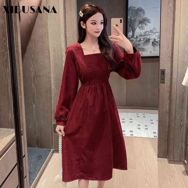 

autumn french style vintage dress lady solid long sleeve square collar elastic high waist pullover dresses women's 210423, Black;gray