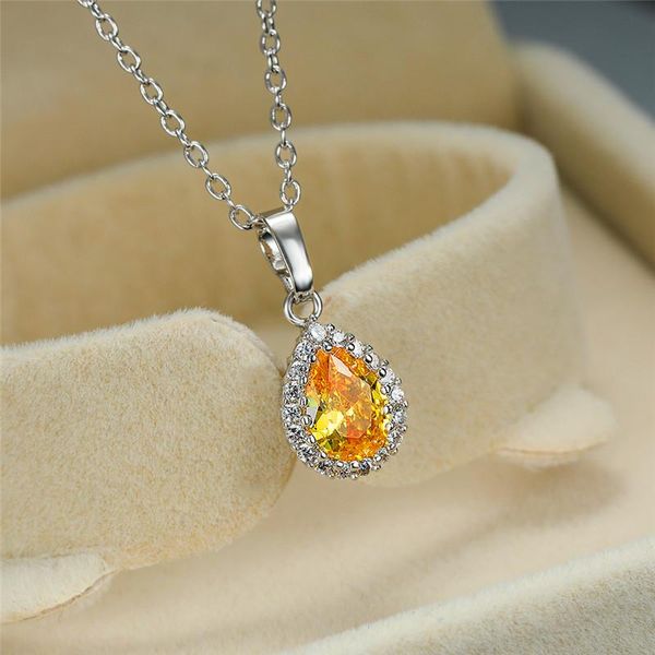 

pendant necklaces charm female yellow water drop necklace classic crystal stone for women vintage gold color wedding, Silver