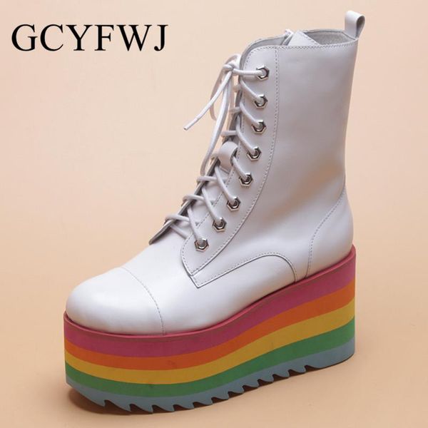 

boots gcyfwj women thick bottom lace up height increasing side zipper super high heels ladies shoes botas de invierno para mujer, Black