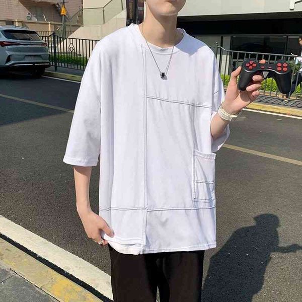 

men's t-shirts summer short-sleeved t-shirt fashion black white casual t shirt men streetwear korean loose pocket tshirt mens m-2x, White;black