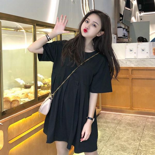 

casual dresses womens loose dress fashion short sleeve round neck mini summer solid color pullover harajuku 2021 sundress, Black;gray