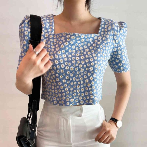 

[ewq] summer new fashion temperament elegant wild square collar small daisy loose wild pullover puff sleeve t-shirt 16f1068 210423, White