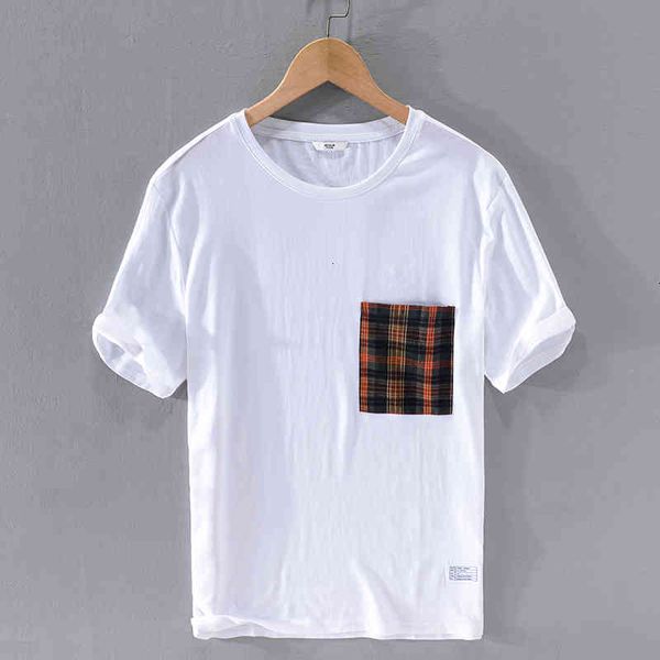 

men's t-shirts japanese retro casual summer linen t shirt white loose plaid pocket t-shirt for men fashion brand tshirt mens chemise ca, White;black