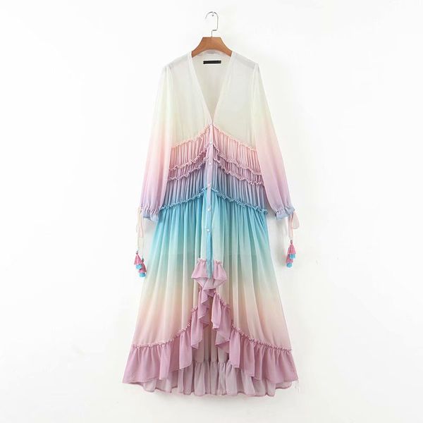 

multicolor gradient print long maxi dress women v neck sleeve ruffle holiday boho beach a-line chiffon summer 210427, Black;gray
