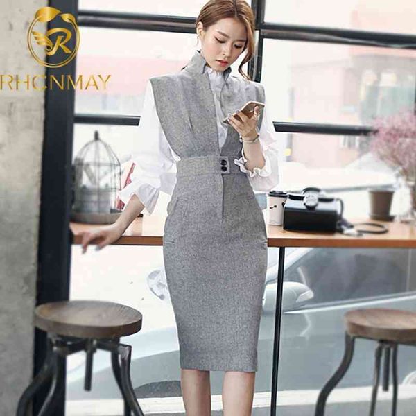 Mulheres 2 Piece Set Dress New Summer Branco Ruffles Stand Colar Blusa Topo + Grey Sem Mangas Negro Notched Collar Lápis Saiola Set 210330