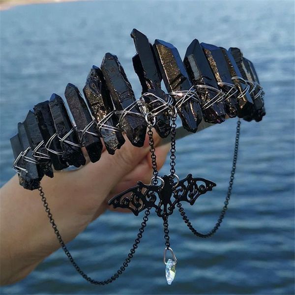 

hair clips & barrettes witch natural raw crystal plating black bat chain five-pointed star crown headband witchcraft accessories jewelry gif, Golden;silver