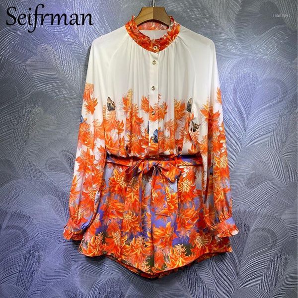 

seifrmann women autumn fashion designerÂ shorts set lantern sleeve loose blouses+high waist bow sashes print shorts 2 piecesÂ suit women', White