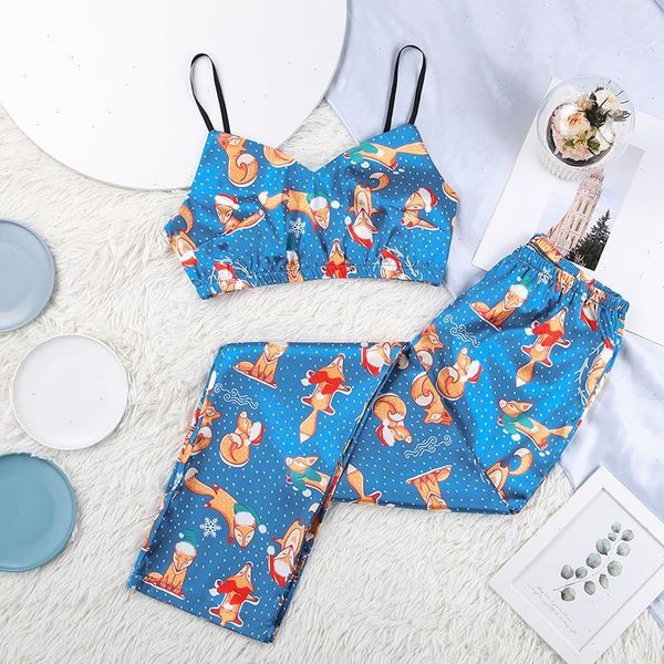 

cartoon print satin christmas clothes womens sleepwears langerie pajamas set pattern v neck two piece and pants, Black;red