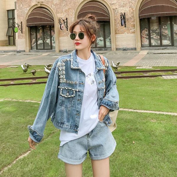 

women's jackets verhellen autumn and winter 2021 loose fashion wild heavy industry bead diamond hole short denim jacket female, Black;brown