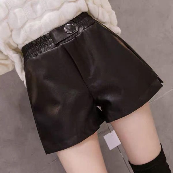 

women's shorts women fallwinter leather black pants loose high waist plus size pu ropa mujer, White;black