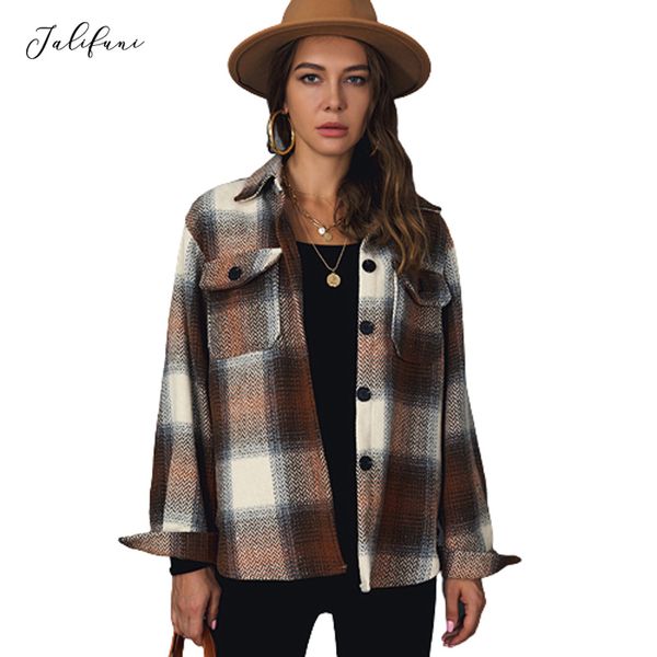 Mulheres Coreano Quente Vintage Vintage Casacos e Casacos Senhoras Manta Preta Checkered Outerwear Camisa Nova Outono Inverno Roupas 210415