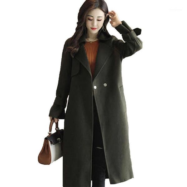 

women's wool & blends 2021 autumn winter women turn down collar coat korean style female long sleeve woolen lady slim outwear f713, Black