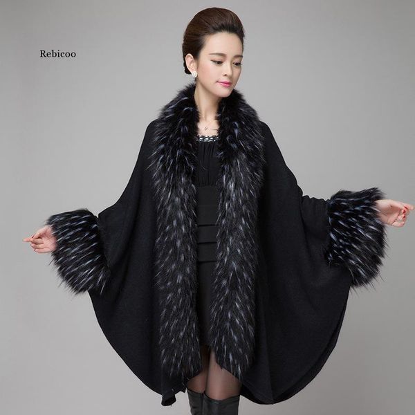 

women's fur & faux autumn winter elegant knitted shawl cape imitation raccoon dog ladies cardigan coat, Black