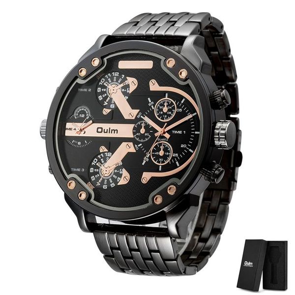 

wristwatches oulm ht3548 men steel two time zone male quartz clock big dial men's watches drop, Slivery;brown