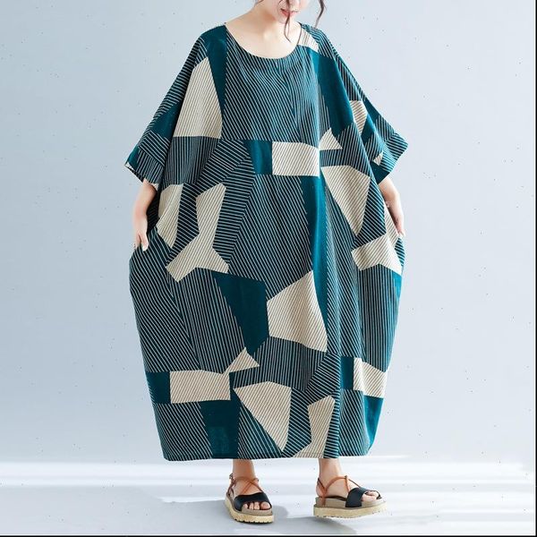 

summer striped plus size womens dress long half sleeve casual loose o neck cotton linen vacation green, Black;gray