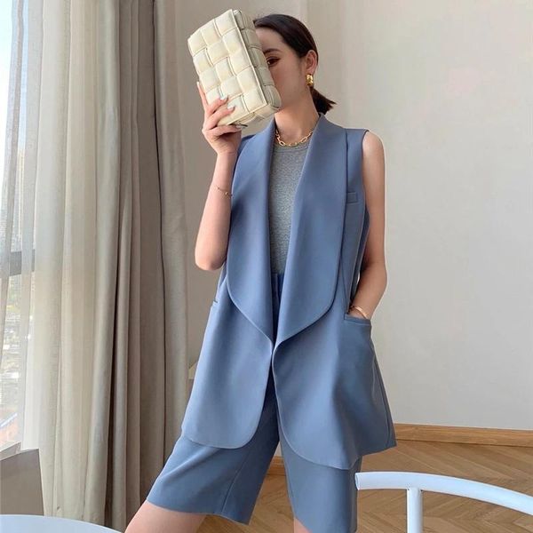 

women's tracksuits chic 2 piece set women elegant sleeveless lapel cardigan vest and solid suit knee-length pants ol suits female outfi, Gray