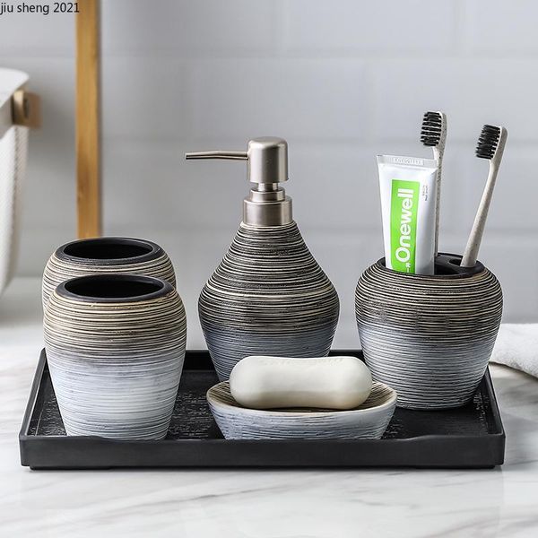 

bath accessory set european style retro brushed ceramic bathroom five-piece with tray household lotion bottle brushing cup soap dish