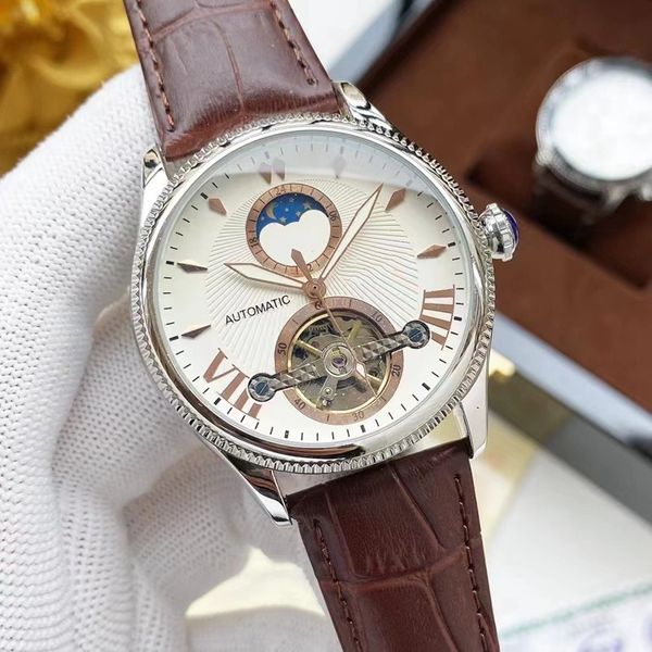 

2021 new luxury mens watches large flywheel three stitches automatic mechanical watch designer wristwatches brand moon phase genuine leather, Slivery;brown