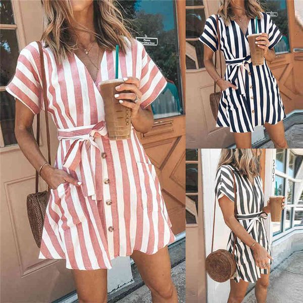 

casual dresses mini women elegant batwing sleeve v-neck a line stripe es summer clothing loose button shirt robe femme 5g88, Black;gray