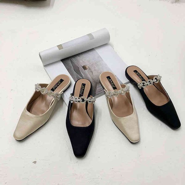 

slippers fashion women rhinestone ring chain design hollow flats heeled black beige bling slides flip flops beach shoes zf52