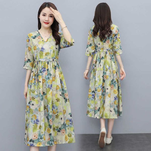 

changhuotong floral cotton and hemp drs summer fashion korean waist thin skirt medium length large size, Black;gray