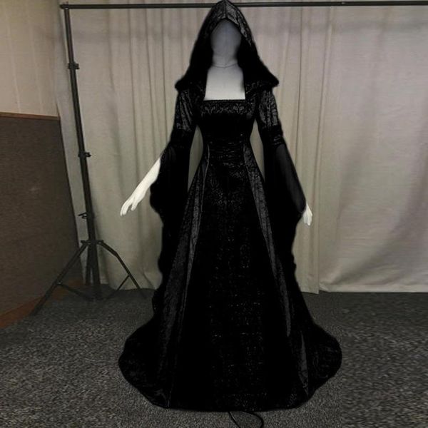 

casual dresses 38# vintage gothic halloween renaissance hooded medieval dress floor length cosplay princess boho victorian, Black;gray