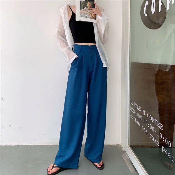 

loose brief women chic waist slender autumn plus size straight solid casual wide leg trousers 210421, Black;white