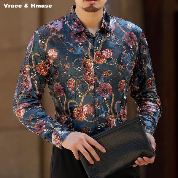 

european style court printing business casual high-end long sleeve shirt autumn 2021 soft hollow gold velvet men -3xl men's shirts, White;black