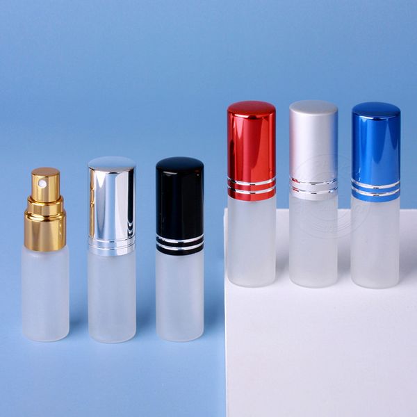 150 x 5ml frasco de perfume de vidro fosco com linha dupla colorida tampa fina névoa frasco recarregável atacado