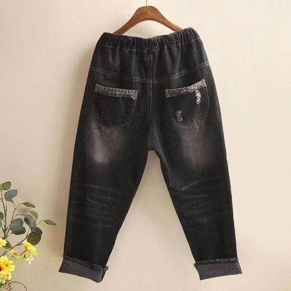 

women's jeans spring black trousers with retro embroidery patch patching cloth rough edge elastic waist loose harem, Blue