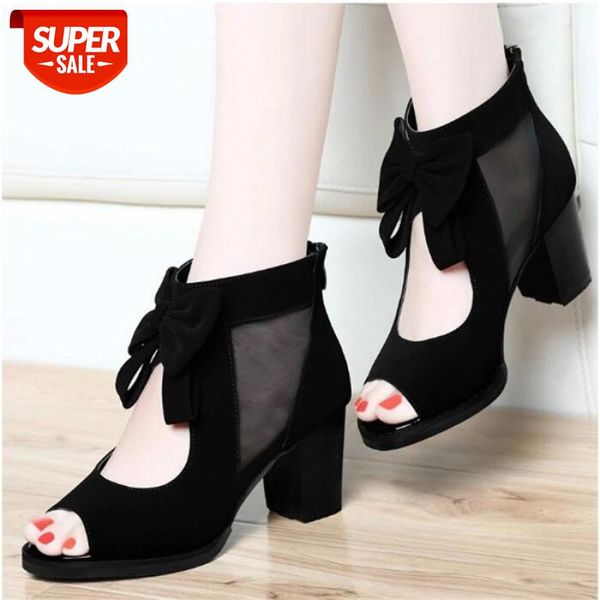 

2020 New Summer Women Lace Ankle-Wrap Sandals Casual Zip Open Top Ladys Chunky Heels Plataformas Mujer Sandalias #sB49, Black