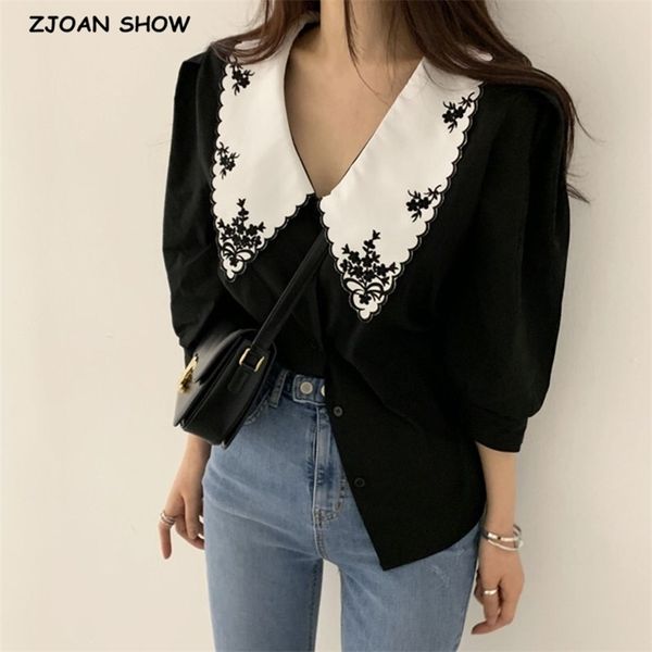 

vintage contrast color wave line lapel collar embroidery shirt chic puff sleeve women blouse korean clothes 210429, White