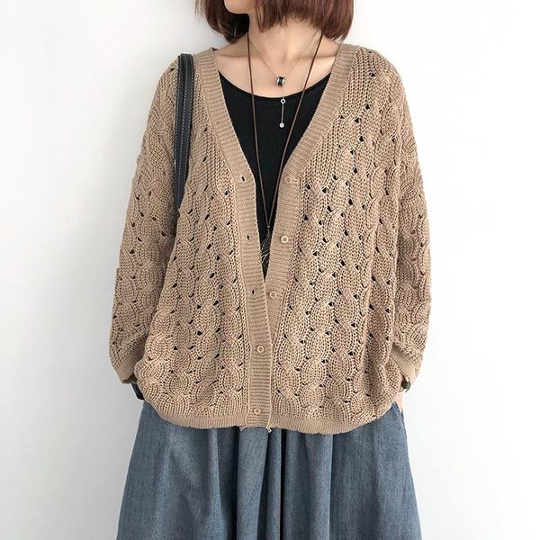 

women's knits & tees knitted cardigan women sweater 2021 spring autumn loose plus-sized thin outdoor hollow long-sleeved casual coat, White
