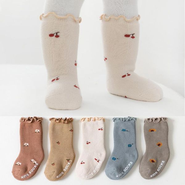 

socks winter children's towel cotton flower pattern todderls girls ankle lace non-slip baby floor warm, Pink;yellow