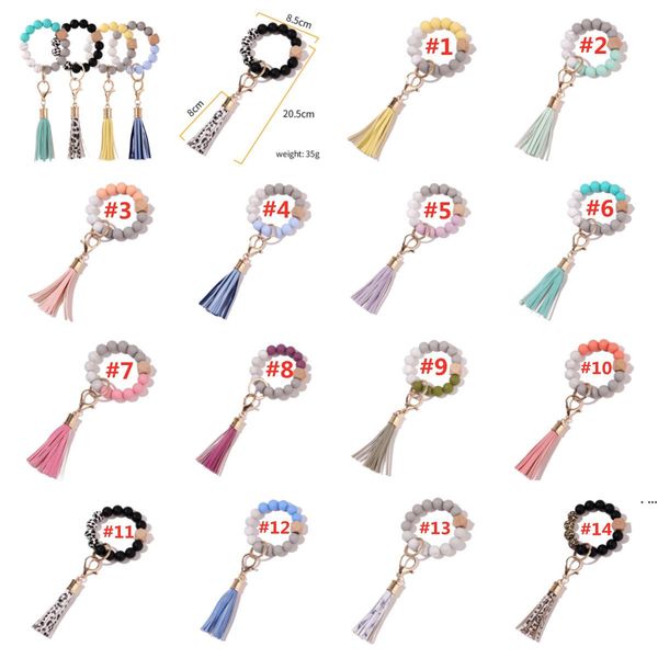 

tassels wood bead keychain silicone beads bracelet party favor leather key ring food grade silicon wrist keychains pendant hwc7598