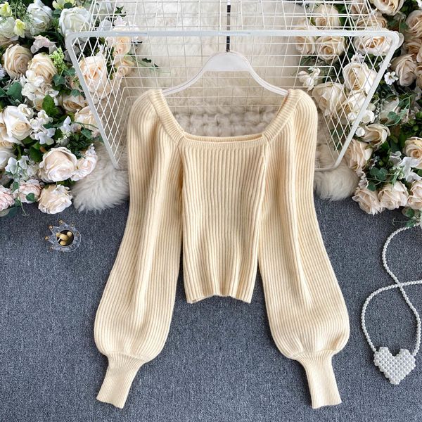 

autumn winter women's sweater casual square collar lantern long sleeve loose jumper female grey/beige knitted pullover 210426, White;black