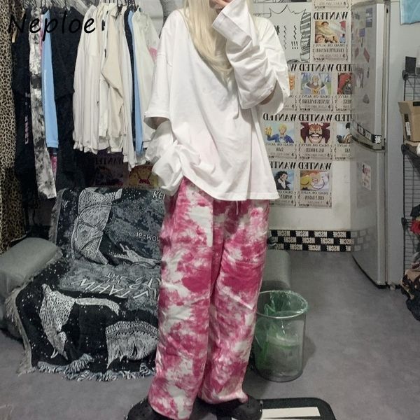 

irregular tie dye washed women pants chic drawstring slim waist denim vintage loose high wide leg 210430, Black;white