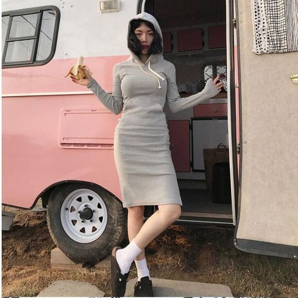 

casual dresses women causal dress korean slim tight hooded cotton sheath pockets knee-length spring/autumn solid natural pullover, Black;gray
