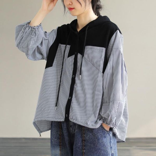 

women's blouses & shirts 2021 loose long sleeve with hood blouse autumn stripe splicing single-breasted casual japanese style simplicit, White