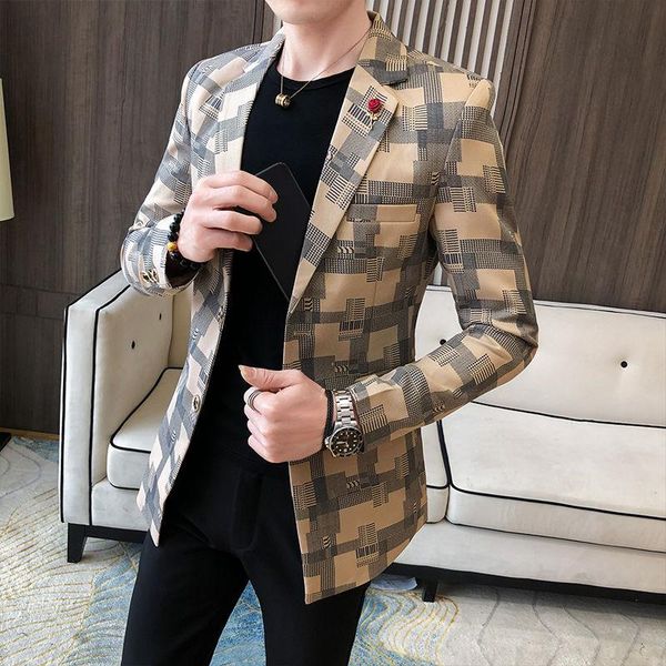 

men's suits & blazers 2021 korean plaid suit blazer jacket men stylish dress prom for casual slim club stage singer blusa masculina, White;black