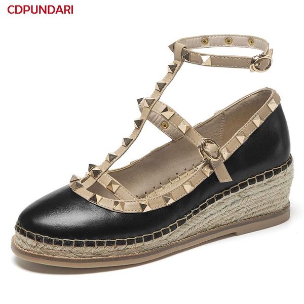 

black ankle strap genuine leather rivet high heels pumps ladies spring summer shallow platform wedges party shoes bride dress