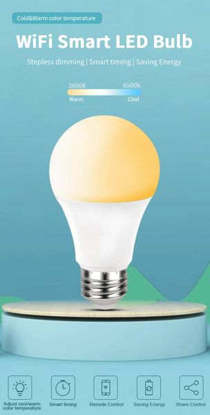 

smart home control ewelink e27/e26 wifi bulb 85-265v 806lm cct cold&warm white night light voice alexa google