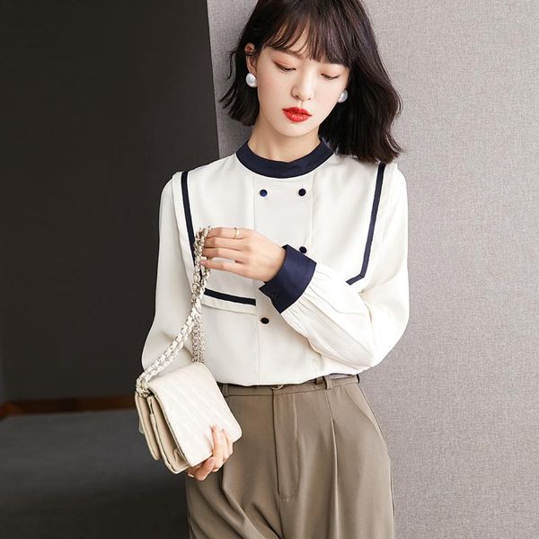 

women's blouses & shirts autumn fashion women o-neck chiffon elegant office lady slim button decor shirt blusa, White